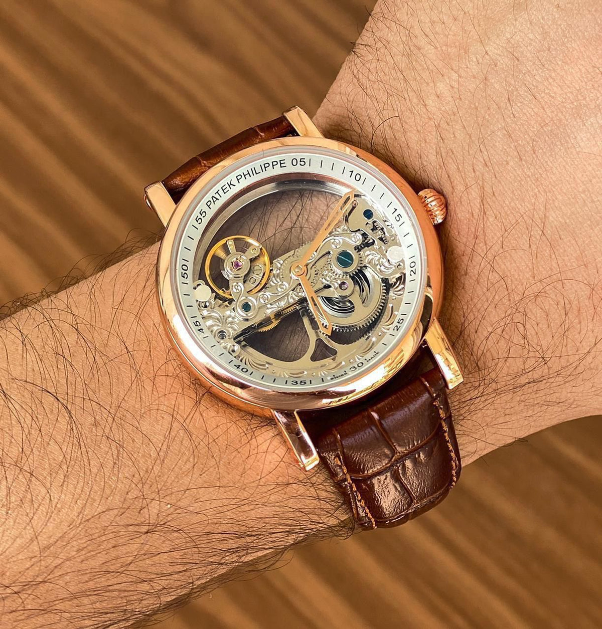 Patek Philippe Skeleton Rose Gold Leather Strap Watch